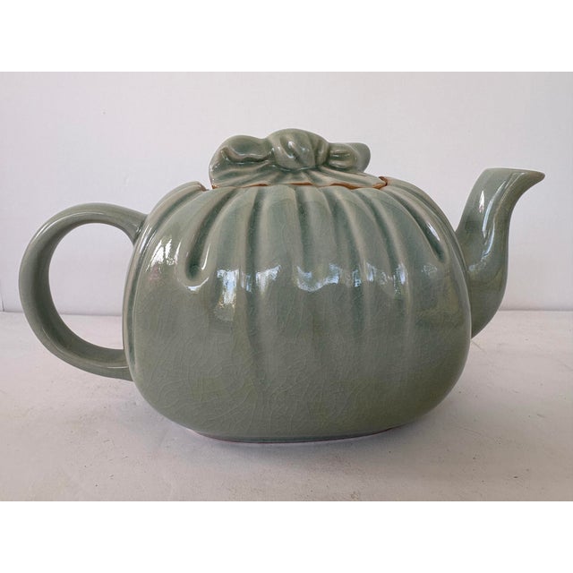Japanese Vintage Takahashi San Francisco Celadon Green Crackle Glaze Teapot, Japan For Sale - Image 3 of 9