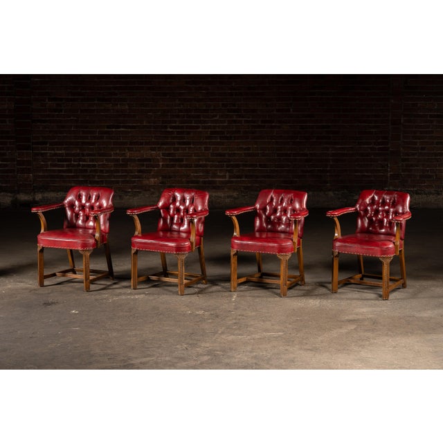 Traditional Late 20th Century Set of Four Tufted Leather Bankers Chairs in Red For Sale - Image 3 of 17