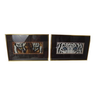 Hand Embroidered Bengal Tiger Eyes in Frames - a Pair For Sale