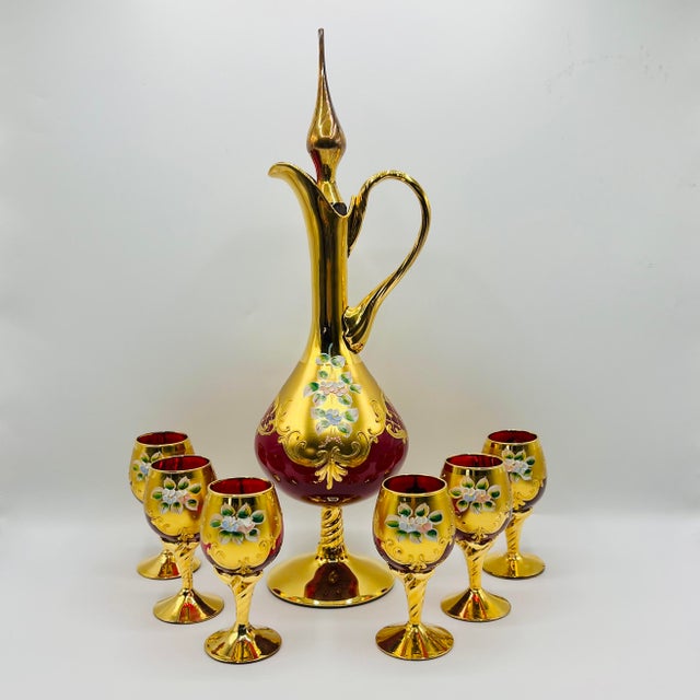 Ruby Red Murano Glass Tre Fuochi Decanter and Liqueur Service, 1950s, Set of 7 For Sale - Image 6 of 14