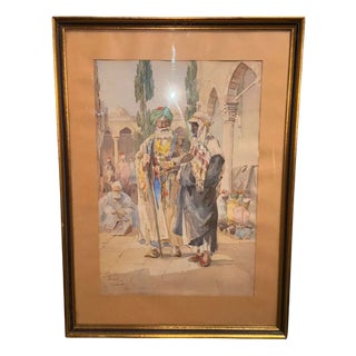 Carl Friedrich Heinrich Werner, Two Men Talking in Front of the Süleymaniye Mosque in Istanbul, 1800s, Pencil and Watercolor, Framed For Sale