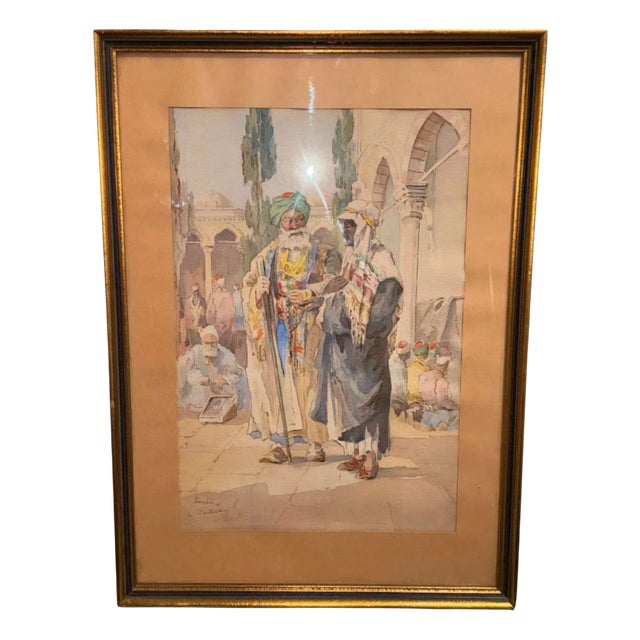 Carl Friedrich Heinrich Werner, Two Men Talking in Front of the Süleymaniye Mosque in Istanbul, 1800s, Pencil and Watercolor, Framed For Sale