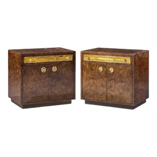 Bernhard Rohne for Mastercraft Mid Century Burlwood and Acid Etched Brass Nightstands - Pair For Sale