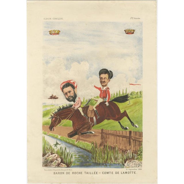 French Belle Époque Racing Caricature, Baron de Roche Taillée – Comte de Lamotte, 1884 This lively French chromolithograph...