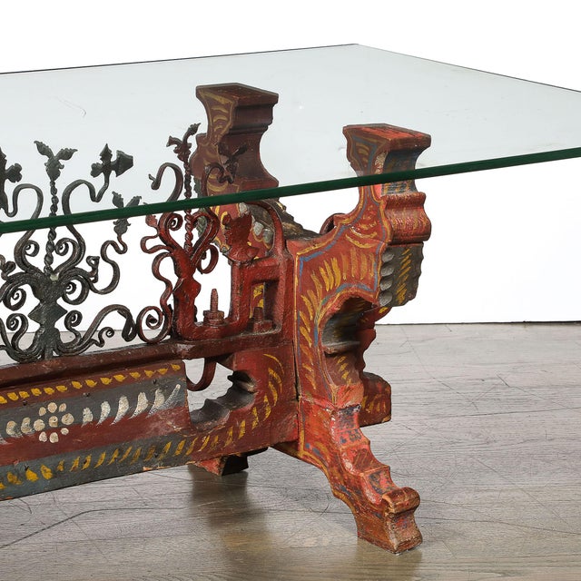 Arts and Crafts Sicilian Polychromed Wood & Iron Glass Top Oxcart Cocktail Table For Sale In New York - Image 6 of 18