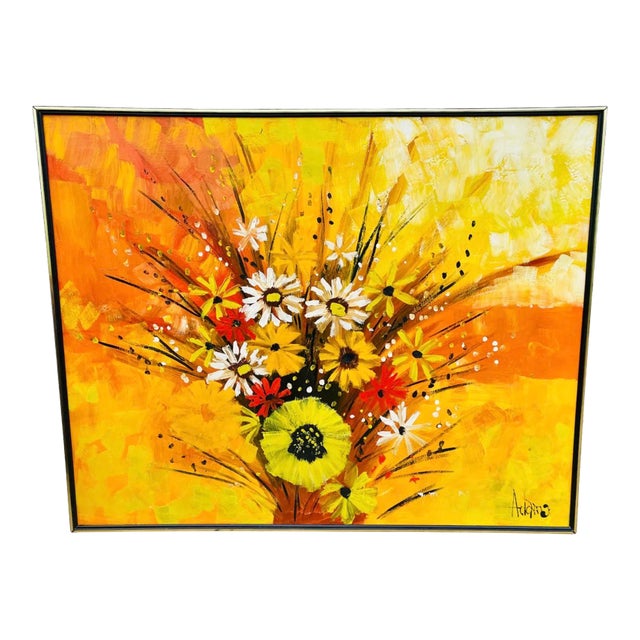 Mid Century Modern Oil on Canvas Floral Painting by Adams For Sale