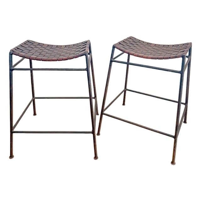 French Mid Century Industrial Style Pair of Woven Leather and Iron Counter Stools After Lila Swift and Donald Monell For Sale