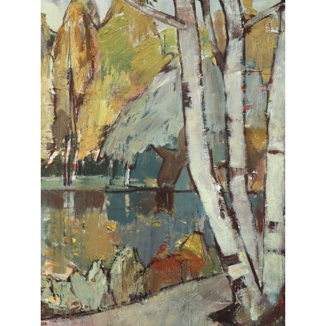 Green Mid-Century Modern 'Autumn Reflections' Vintage Original Swedish Expressive Landscape Oil Painting, Framed For Sale - Image 8 of 11