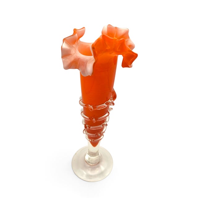 Vintage Murano Orange Art Glass Ruffled Vase W/ Applied Rigaree For Sale In Dallas - Image 6 of 7
