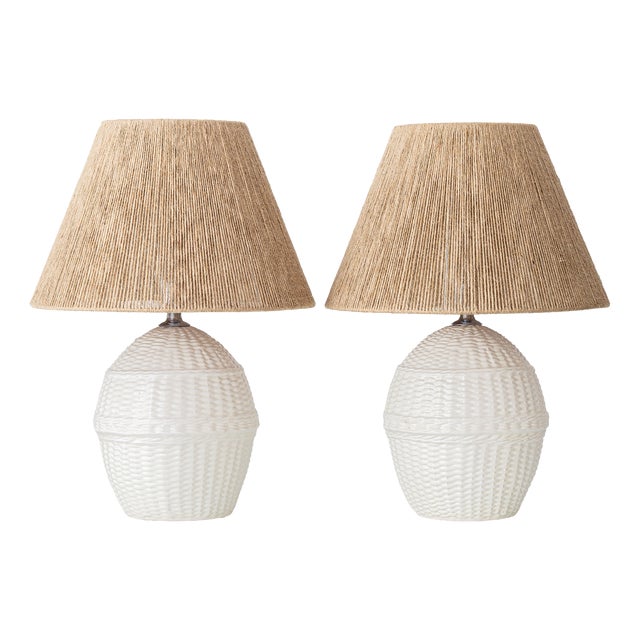Vintage Spanish Ceramic Faux Wicker Table Lamps with New Jute Shades, 1970s, Set of 2 For Sale