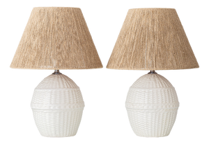 Vintage Spanish Ceramic Faux Wicker Table Lamps with New Jute Shades, 1970s, Set of 2