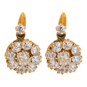 19th Century Pair of Victorian 2.90 Carat Diamond 14k Yellow Gold Cluster Earrings
