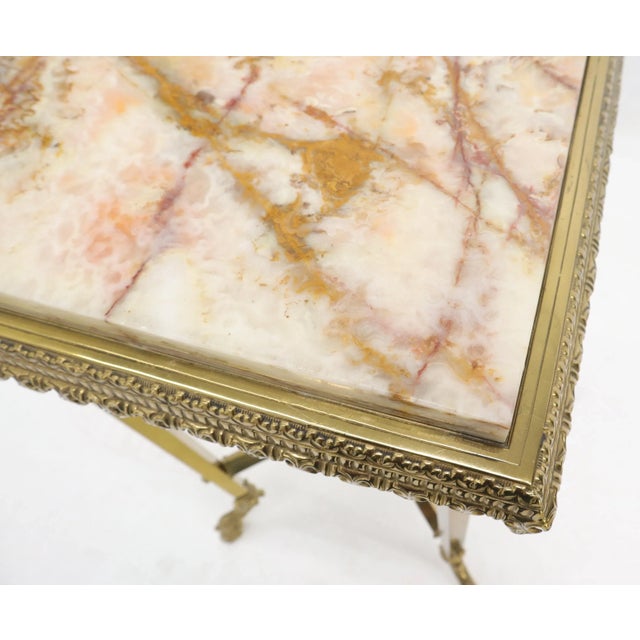 Neoclassical Square Solid Brass Onyx Marble Top Stand Pedestal Hoof Feet X-Stretcher Finial For Sale - Image 3 of 12