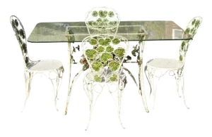 Early 20th Century French Art Nouveau Green Flower Maple Leaf Garden Patio Dining Set - 5 Piece Set
