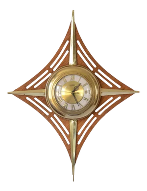 1950s United Mid Century Laminated Teak & Brass Diamond-Shaped Clock