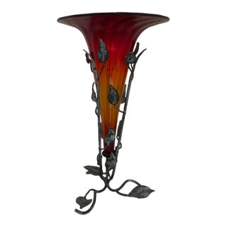 Vintage 1930s Morano Glass and Wrought Iron Trumpet Vase Attributed to Umberto Bellotto For Sale