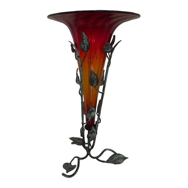 Vintage 1930s Morano Glass and Wrought Iron Trumpet Vase Attributed to Umberto Bellotto For Sale