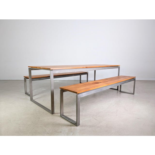 Wood Industrial Dining Table and Benches, Set of 3 For Sale - Image 7 of 11
