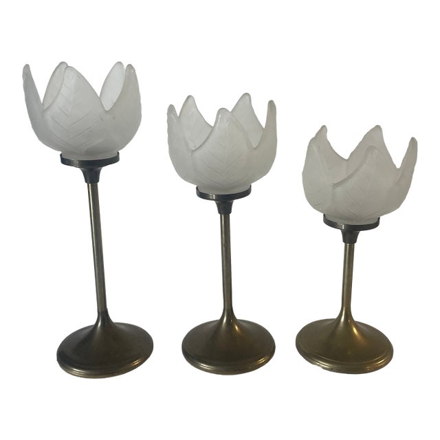 Frosted Glass Tulip Tea Light Candle Holder With Brass Stems - 3 For Sale