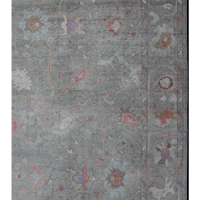 Large Turkish Oushak Reproduction Rug in Light Green made with Hand Spun Fine Wool Turkish Oushak rug with light green and...