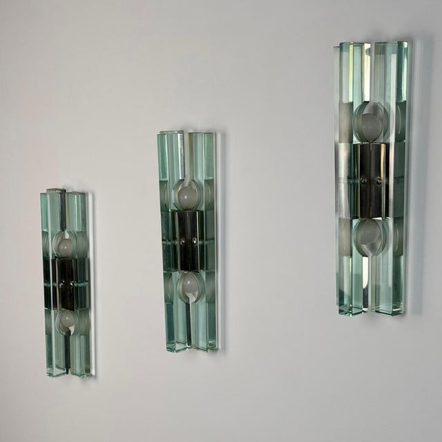 Metal Triple Glass Wall Sconces in Thick Structural Glass from Gallotti & Radice, 1970s, Set of 3 For Sale - Image 7 of 18