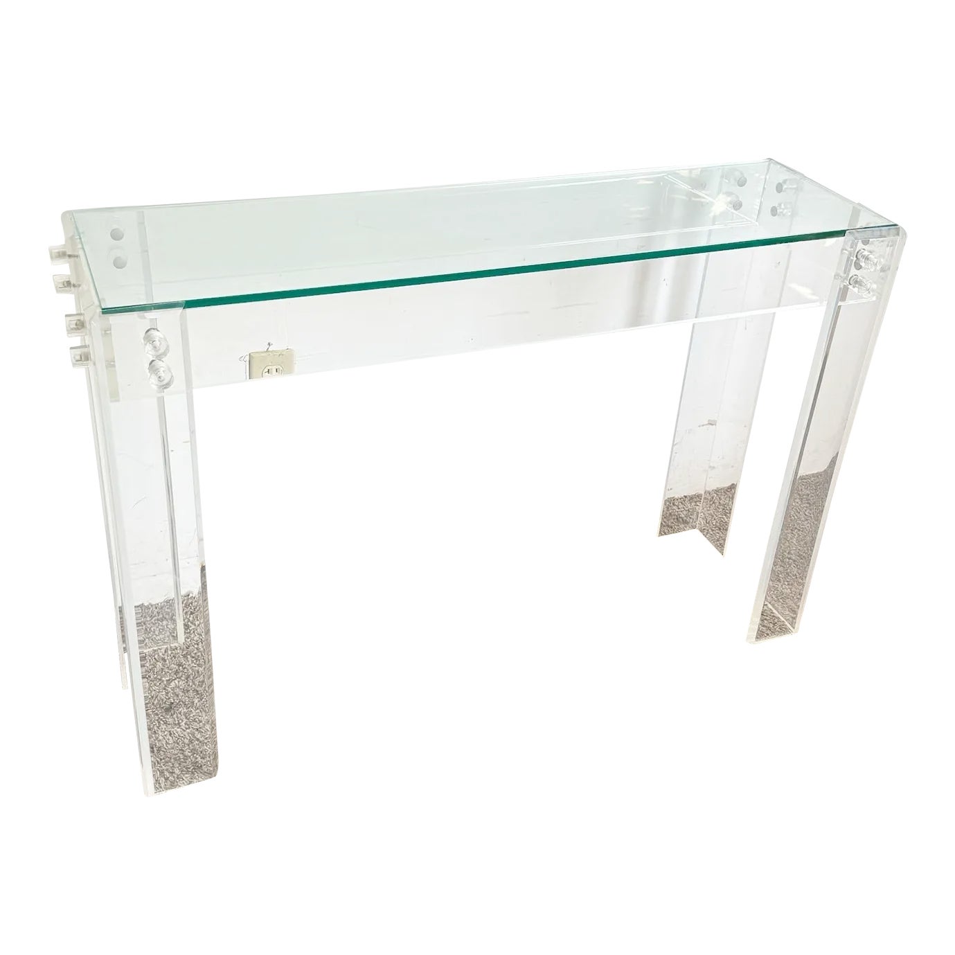 Postmodern Bolted Lucite and Inlaid Glass Top Console Table | Chairish