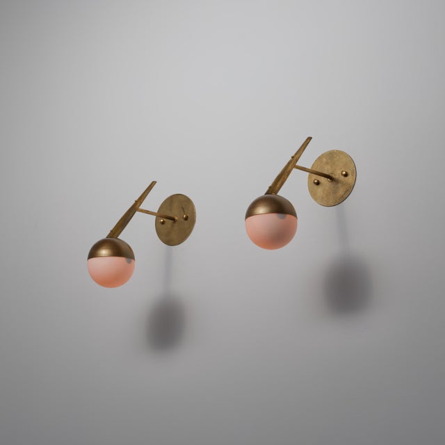 Vintage Italian Brass and Opaline Glass Globe Wall Sconces, 1950s, Set of 2 For Sale - Image 4 of 11