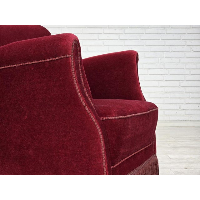 Mid-Century Modern Vintage Danish Lounge Chair in Cherry-Red Furniture Velour and Oak, 1960s For Sale - Image 3 of 18