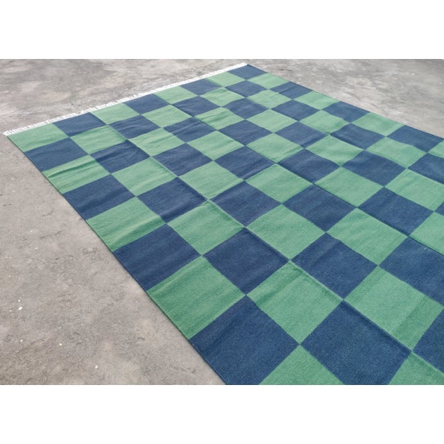 Mid-Century Modern Handmade Vegetable Dyed Woolen Checked Pattern Rug Blue and Forest Green - 8x10 For Sale - Image 3 of 11