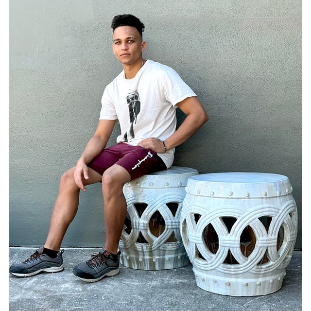 Early 21st Century Vintage Glazed Ceramic Keyhole Garden Stools - A Pair For Sale - Image 5 of 12