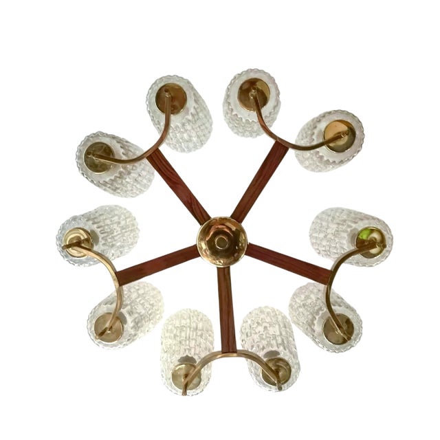 Brown Large Mid-Century Teak and Brass Chandelier by Rupert Nikoll, 1960s For Sale - Image 8 of 9