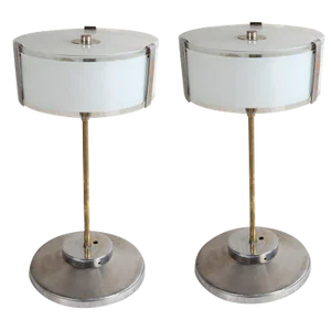 Mid-Century Modern Chrome and Frosted Glass Table Lamps - a Pair