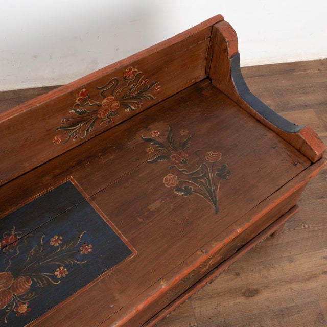 Wood Original Painted Pine Bench With Storage Dated 1873 From Romania For Sale - Image 7 of 14