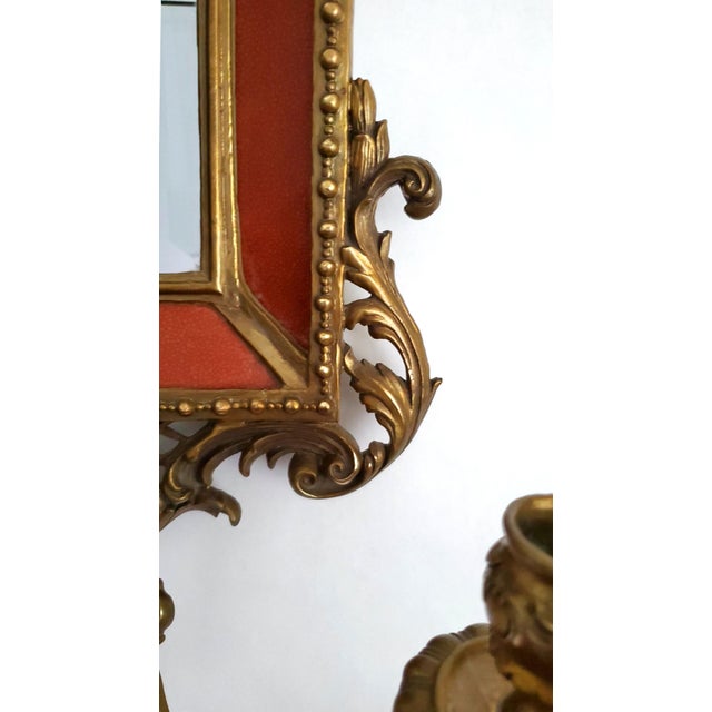 Burgundy Beveled Wall Mirror With Candle Holders Faux Shagreen Red Porcelain & Brass Ormolu For Sale - Image 8 of 12