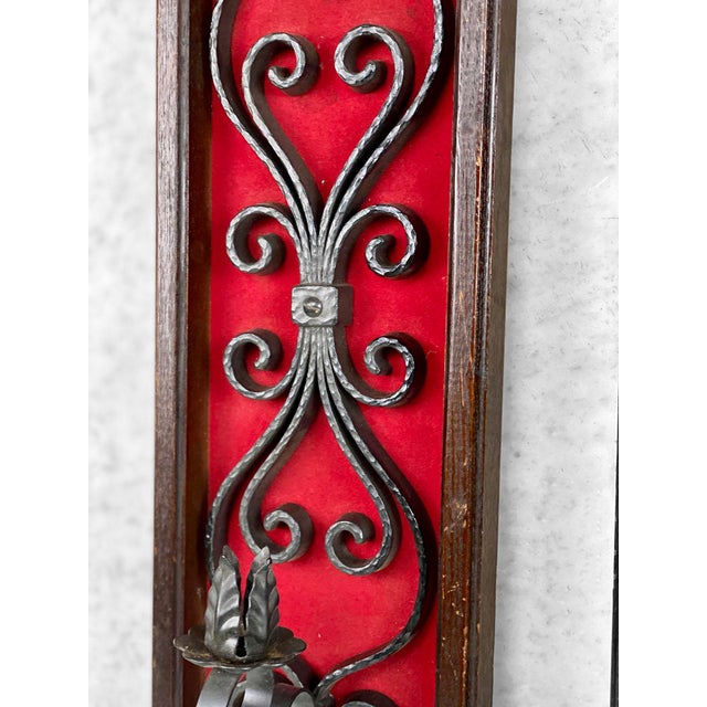 MidCentury Gothic Revival Red Velvet & Wrought Iron Candle Sconces a
