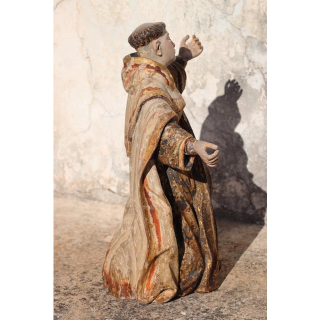 Saint Dominic of Guzmán Kneeling, With Glass Eyes and the Carmelite Shield, 18th Century, Portuguese For Sale - Image 6 of 17