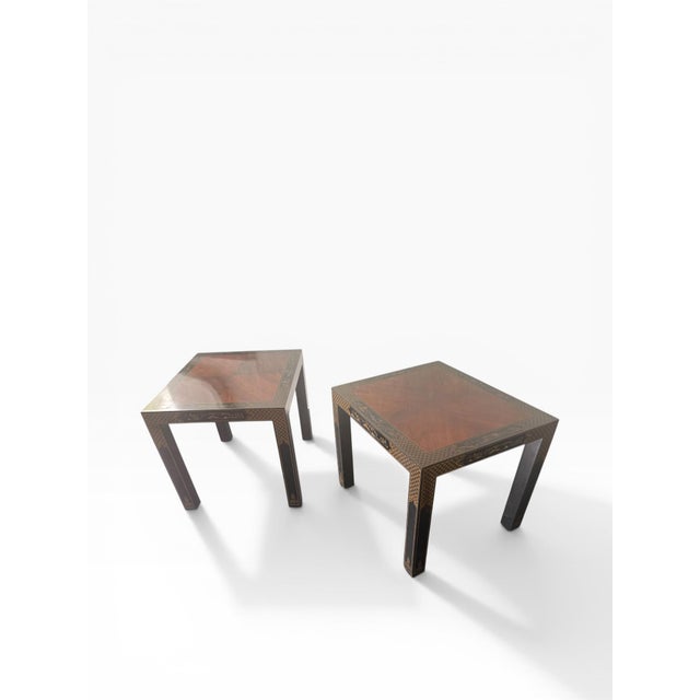 A striking pair of Drexel Heritage Parsons-style side tables, showcasing a refined blend of modern form and traditional...