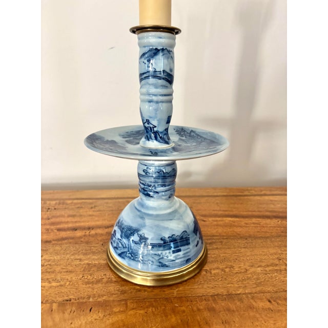 Rewired 1950s Japanese Porcelain Candelabra Table Lamp With Wicker Shade For Sale - Image 4 of 8