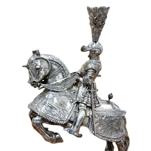 German Silver Jousting Knights on Horseback Sculptures a Pair For Sale - Image 4 of 13