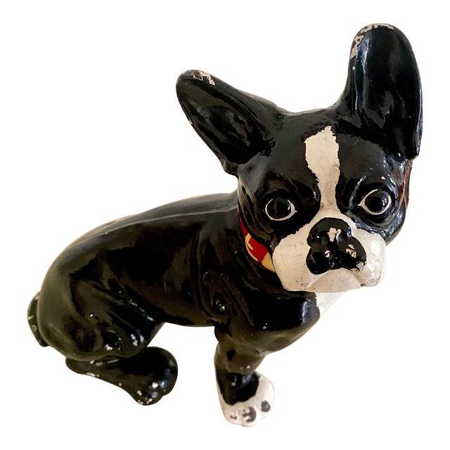 1938 Iron Boston Terrier Dog / French Bulldog Metal Statue Doorstop For Sale