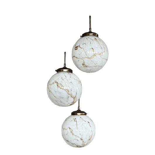 3-Globe Pendant Light in Marble-Patterned Glass and Brass, 1960s For Sale