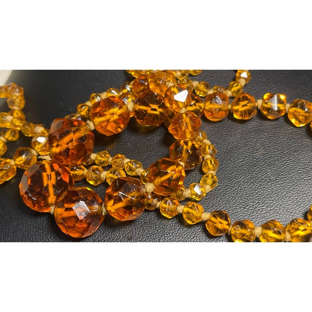 1930s 1930s Art Deco Bohemian Amber Faceted Glass Bead Necklace & Faux Coral Brass Filigree Brooch, 2 Pieces For Sale - Image 5 of 10