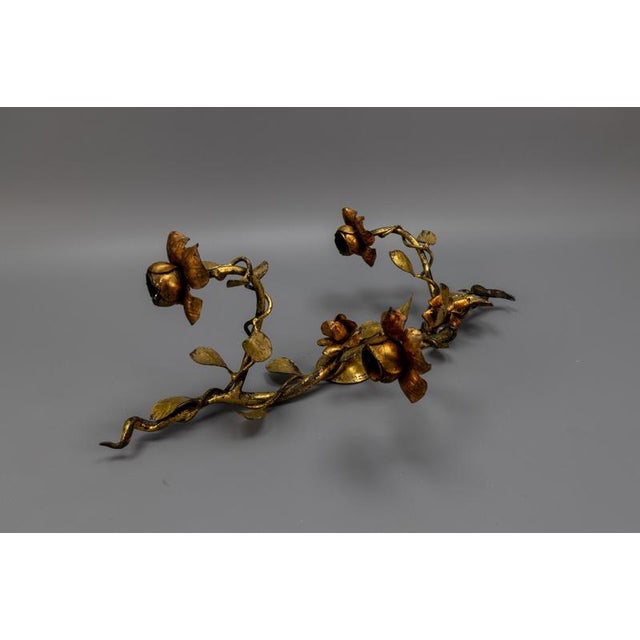 Hollywood Regency Gilt Tole Metal Triple-Arm Floral Wall Candle Sconce, 1970s For Sale - Image 17 of 18