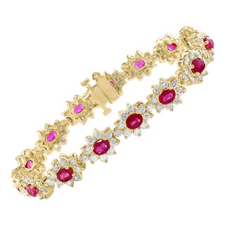 7 Carat Oval Cut Natural Ruby & Diamond Tennis Bracelet 14kt Yellow Gold 24.5 G For Sale