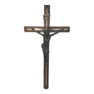 Large Vintage Crucifix: Bronzed Jesus, Carved Wood Cross For Sale