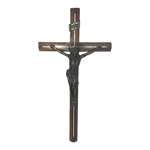 Large Vintage Crucifix: Bronzed Jesus, Carved Wood Cross For Sale