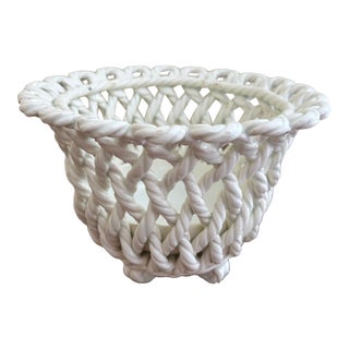 French Country White Ceramic Woven Rope Cachepot Basket For Sale
