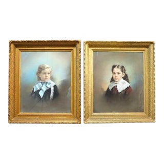 Pair Victorian Watercolor Portraits, Sister & Brother, Original Frames, C1890 For Sale