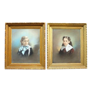 Pair Victorian Watercolor Portraits, Sister & Brother, Original Frames, C1890