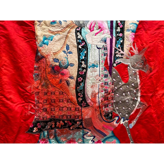 Brick Red Vintage Chinese Shoulao Longevity Peach Deer Embroidery Fabric Tapestry Art For Sale - Image 8 of 16